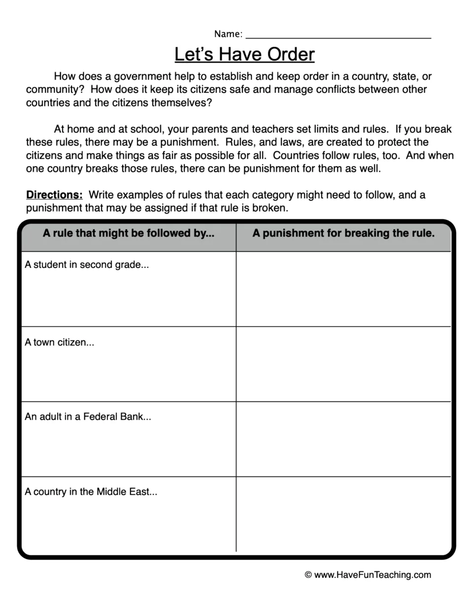 Rules worksheet: write rules and punishments for a second grader, town citizen, bank adult, and country.
