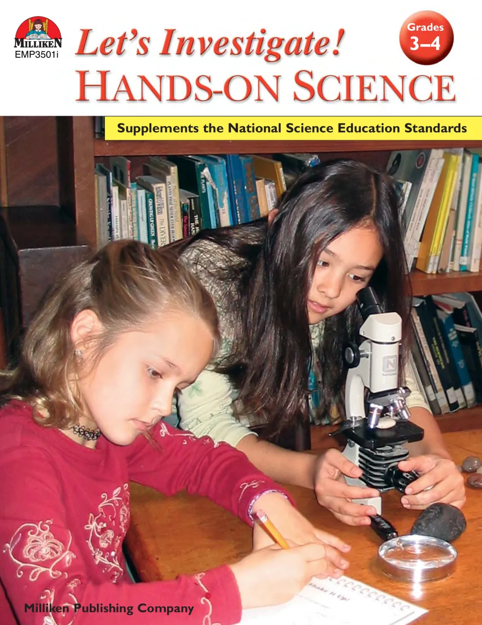 Let's Investigate! Hands-On Science cover, Grades 3-4: two students examine rocks with a microscope and record notes