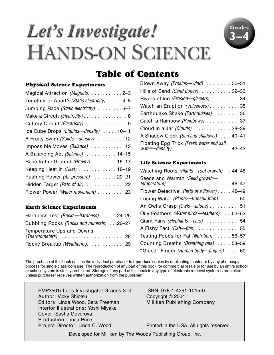 Table of contents listing physical, earth and life science experiments, from magnets and circuits to owls and breathing