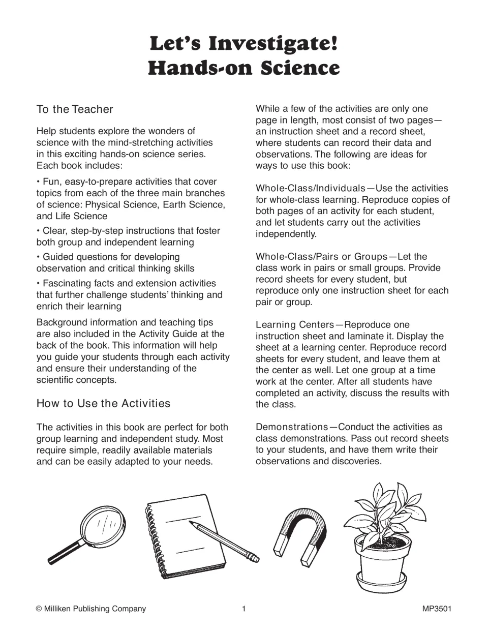 To the Teacher introduction explaining instruction and record sheets, plus ways to use them with groups, centers and demos