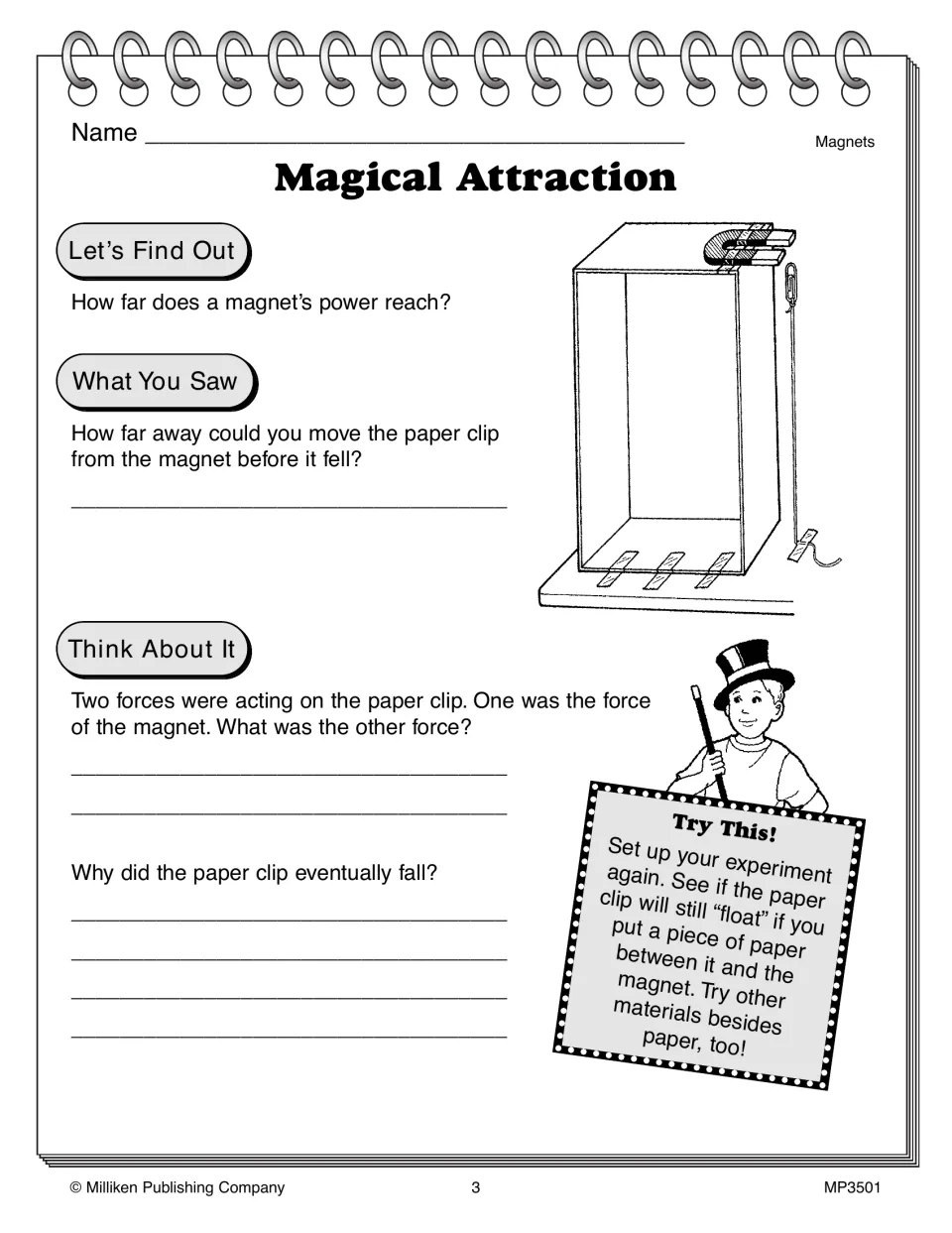 Magical Attraction record sheet: students write how far the paper clip floated and what other force made it fall