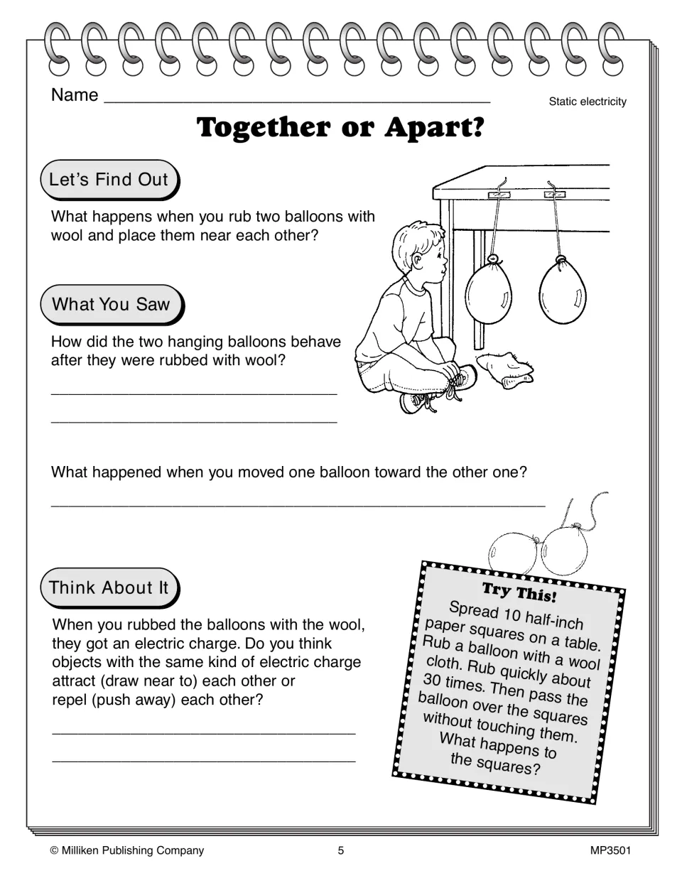 Together or Apart? record sheet: students describe the charged balloons and decide if like charges attract or repel