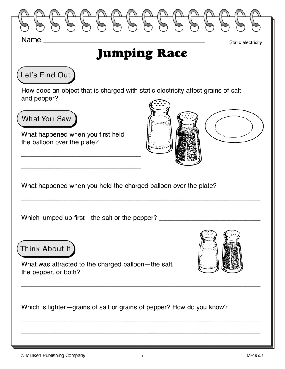 Jumping Race record sheet: students note what the charged balloon attracted and reason whether salt or pepper is lighter