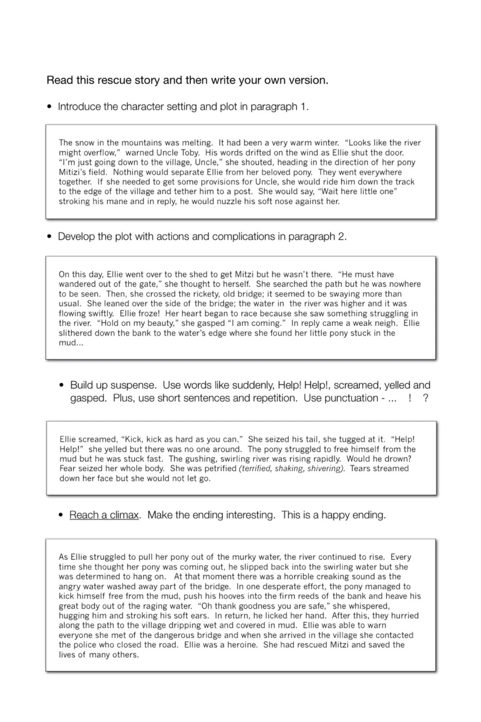 Model rescue story of Ellie saving her pony Mitzi from a rising river, in setting, plot, suspense and climax paragraphs