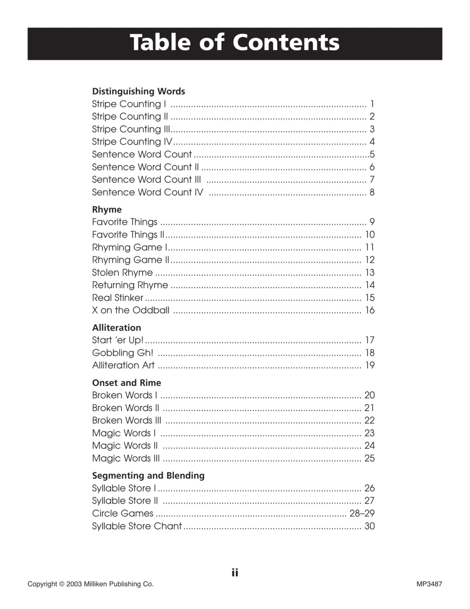 Table of contents: activities for distinguishing words, rhyme, alliteration, onset and rime, segmenting and blending