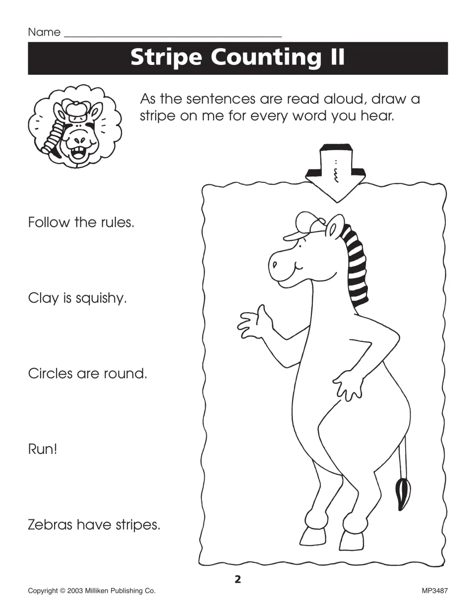 Stripe Counting II: students draw a zebra stripe per word heard in read-aloud sentences such as 'Zebras have stripes.'