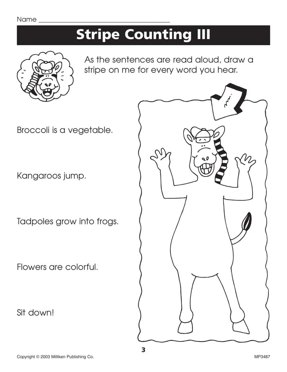 Stripe Counting III: word counting by ear, with a stripe drawn for each word in sentences like 'Tadpoles grow into frogs.'