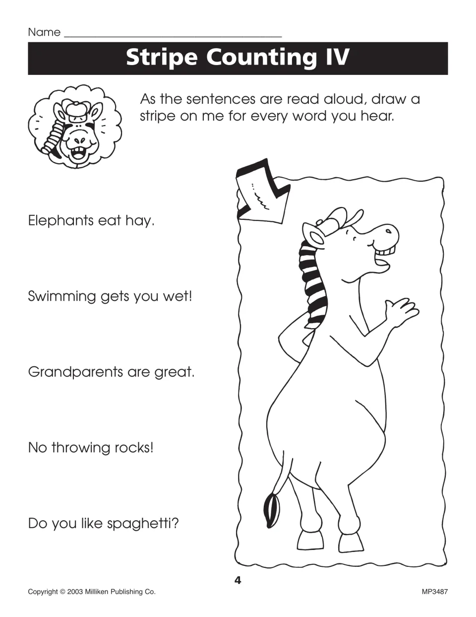 Stripe Counting IV: students mark one zebra stripe for every word in spoken sentences like 'Do you like spaghetti?'