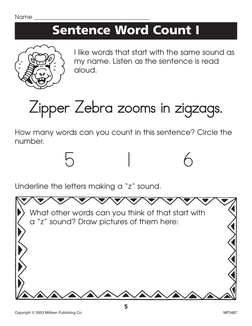 Sentence Word Count I: students count words in 'Zipper Zebra zooms in zigzags,' underline z sounds and draw other z words