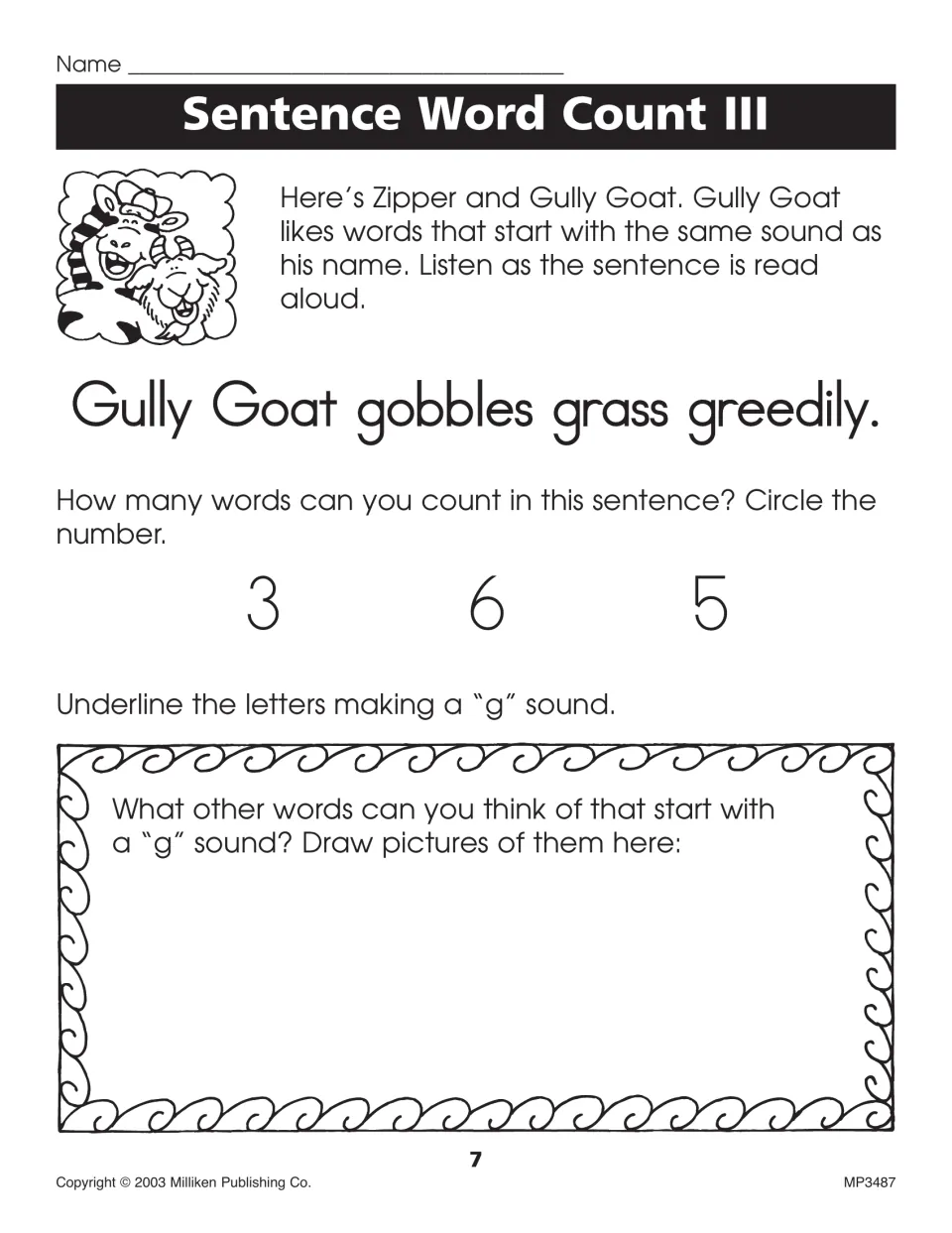 Sentence Word Count III: students count words in 'Gully Goat gobbles grass greedily,' mark g sounds and draw g words