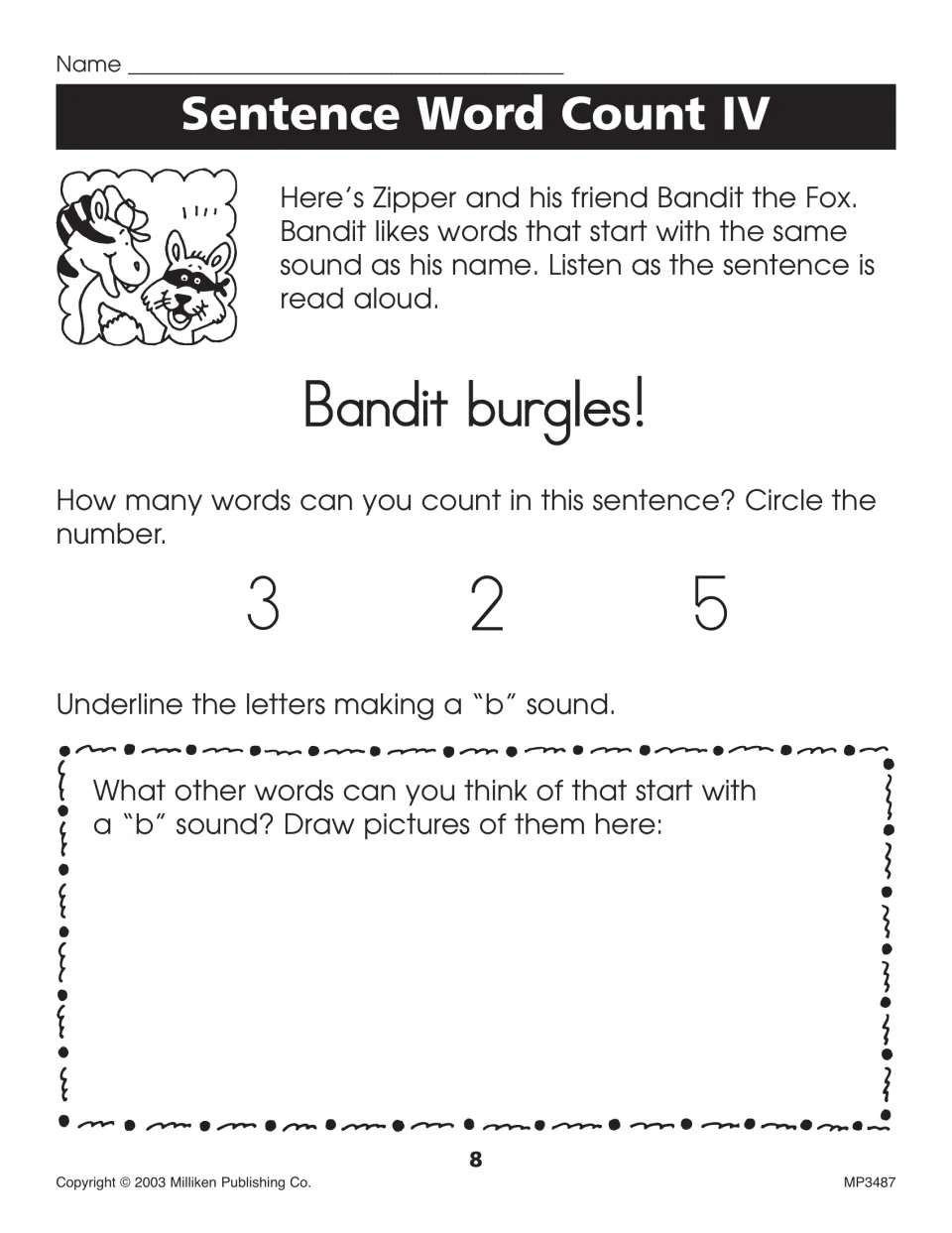 Sentence Word Count IV: students count the words in 'Bandit burgles!', underline b sounds and draw pictures of b words