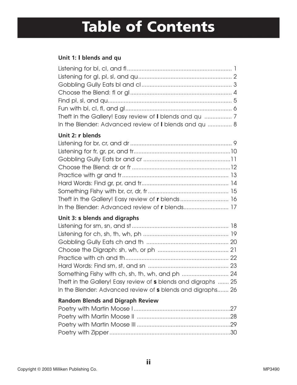 Contents listing three units on l blends and qu, r blends, s blends and digraphs, plus Martin Moose and Zipper poems