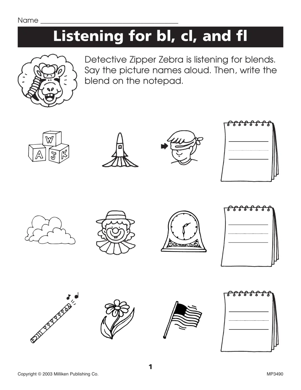 Listening for bl, cl and fl: students say names like blocks, clown, clock, flute and flag, then write each row's blend