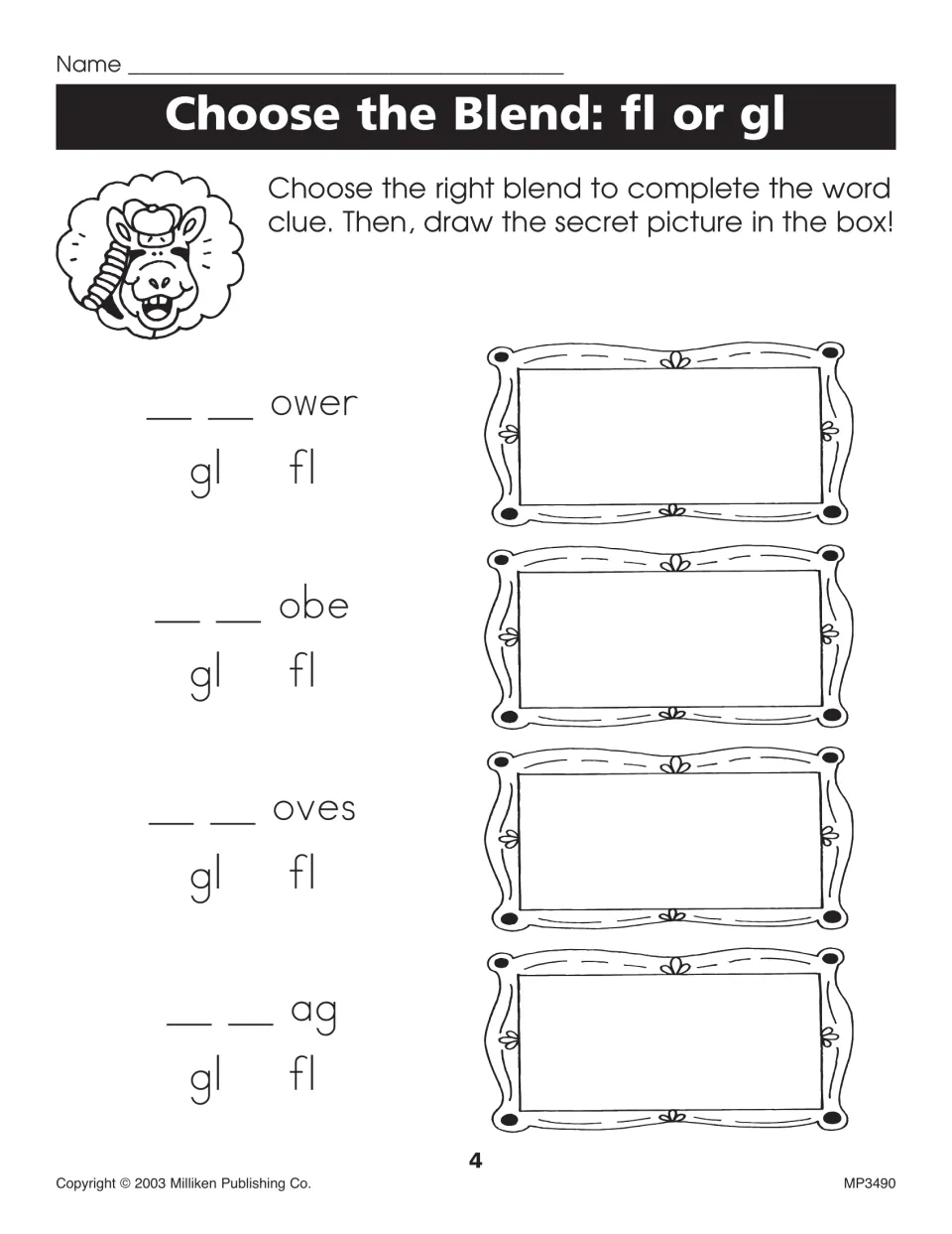 Choose the Blend: fl or gl: students pick the blend for ower, obe, oves and ag, then draw each secret picture in a frame
