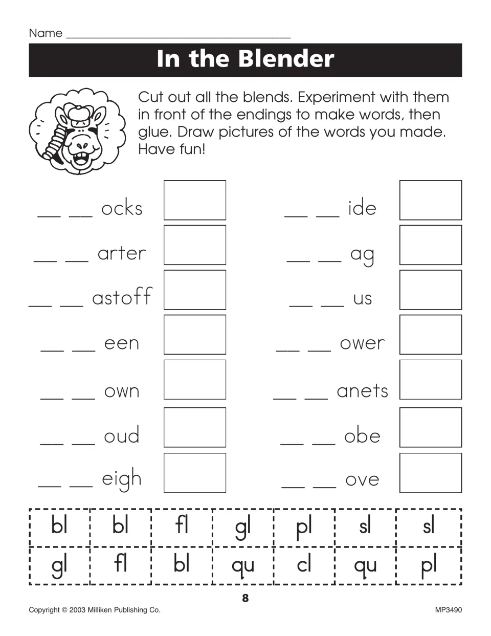In the Blender: students cut out bl, cl, fl, gl, pl, sl and qu tiles, test them before 14 word endings, glue, then draw