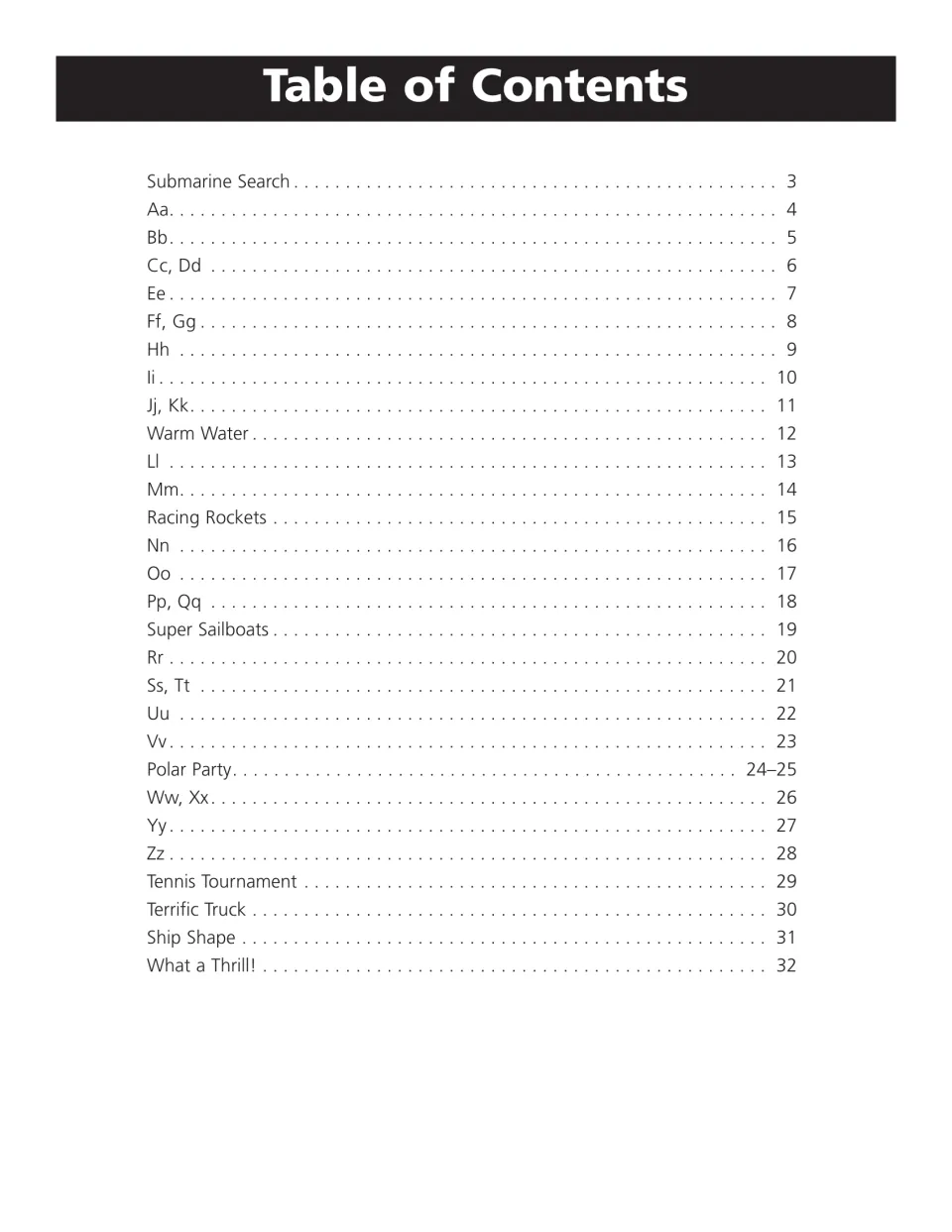 Table of contents listing Submarine Search, letter pages Aa to Zz, and pages like Polar Party and Ship Shape