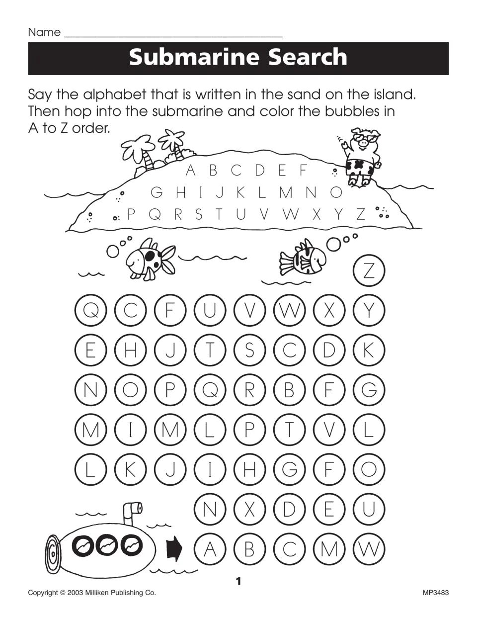 Submarine Search alphabet order: students say the alphabet on the island, then color the letter bubbles from A to Z