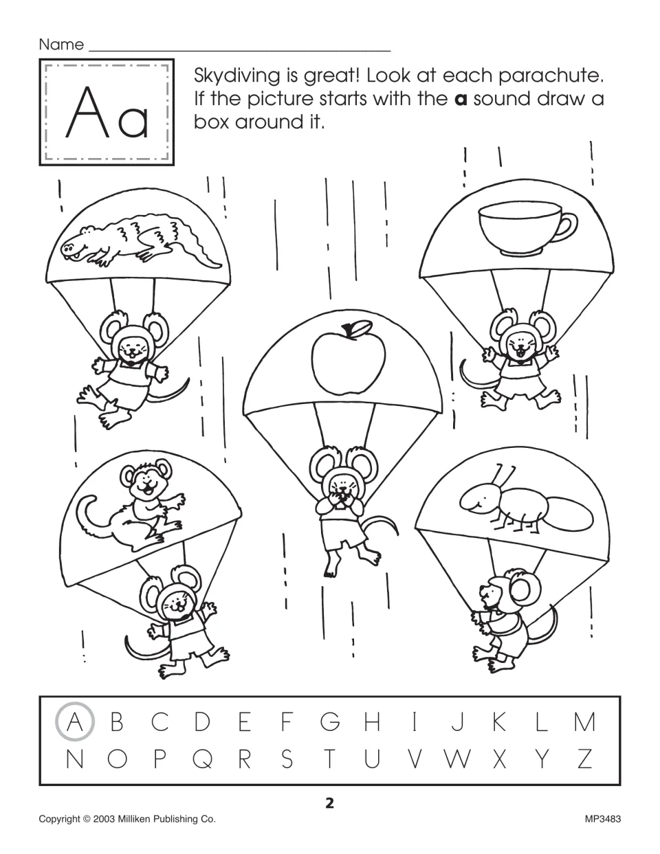 Letter Aa beginning sounds: students draw a box around parachute pictures that start with a, such as the apple and ant