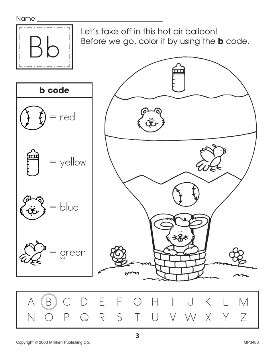 Letter Bb color by code: students color a hot air balloon using the b code of ball, bottle, bear and bird pictures