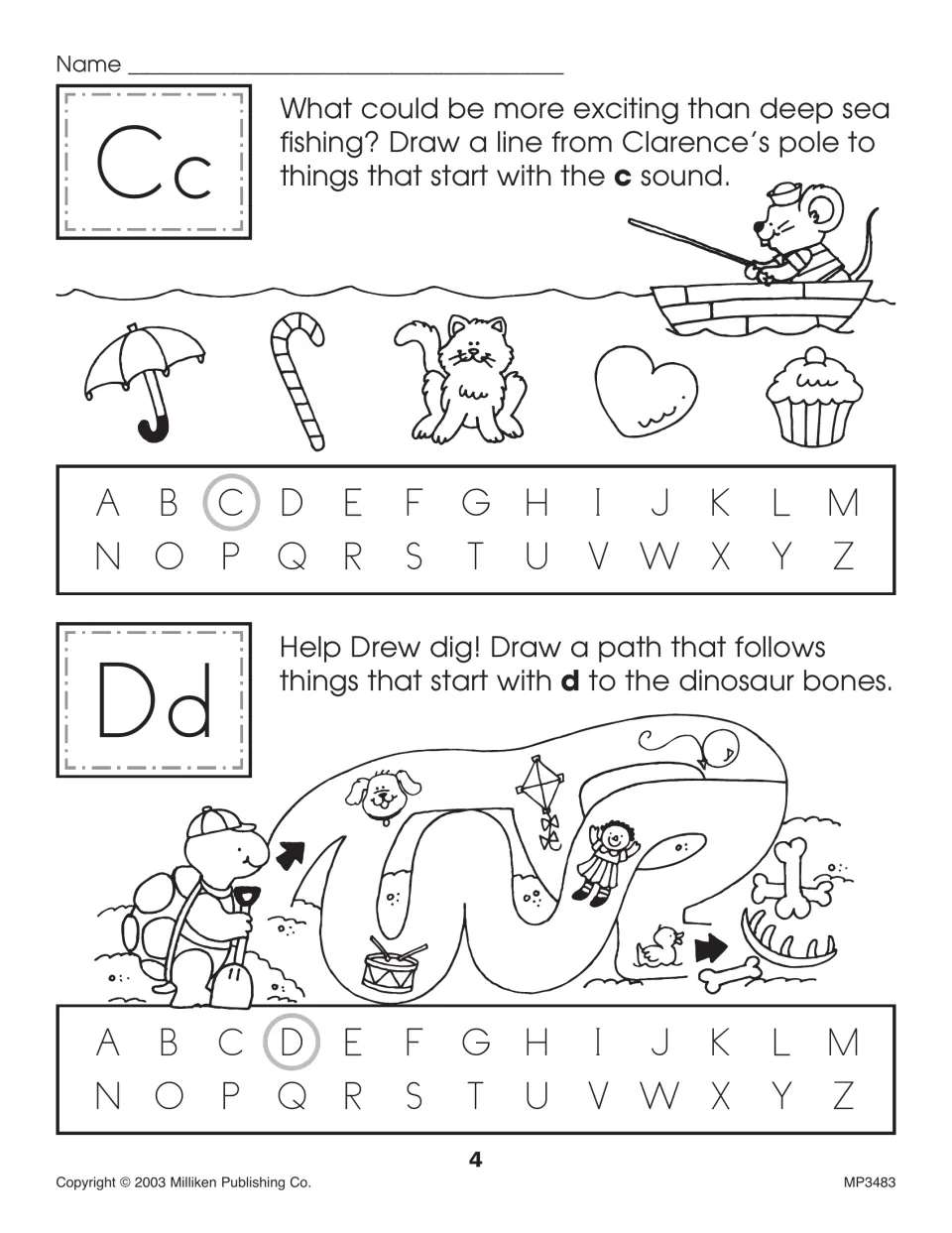 Letters Cc and Dd: students draw lines from a fishing pole to c pictures, then follow d pictures to dinosaur bones