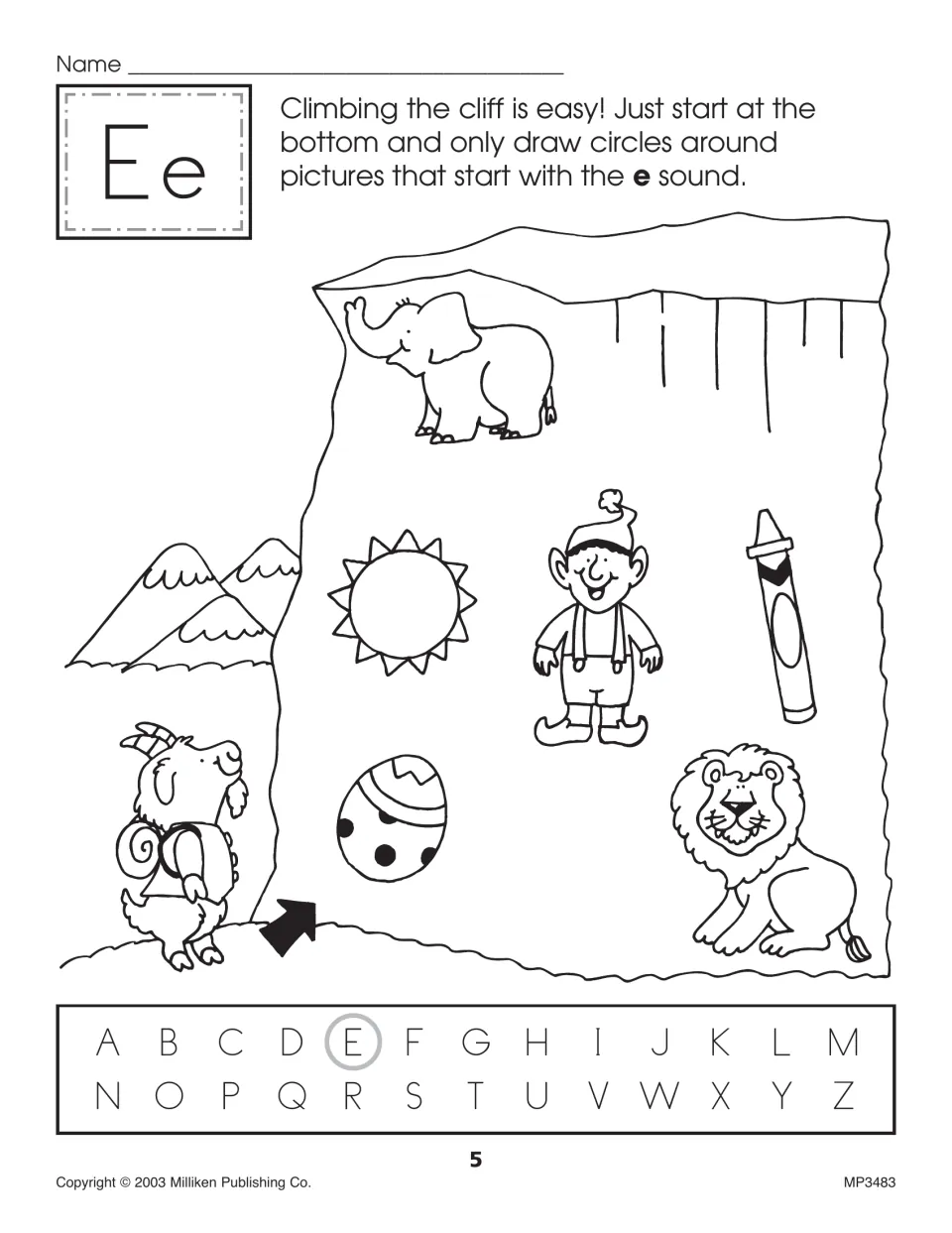 Letter Ee: students climb a cliff, circling only pictures that start with e, such as the elephant, elf and egg