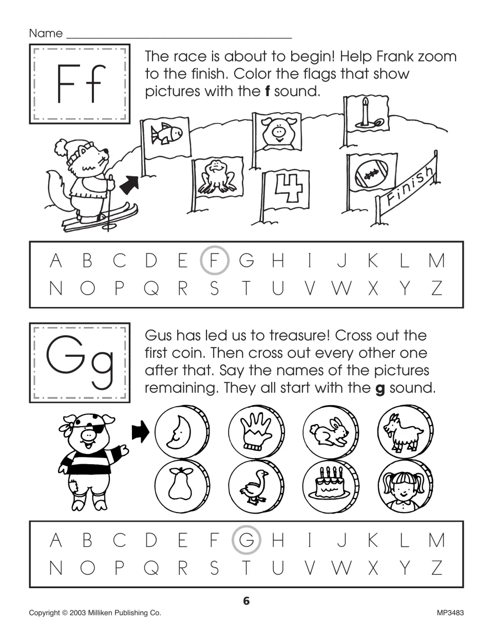 Letters Ff and Gg: students color race flags with f pictures, then cross out every other coin to find g pictures