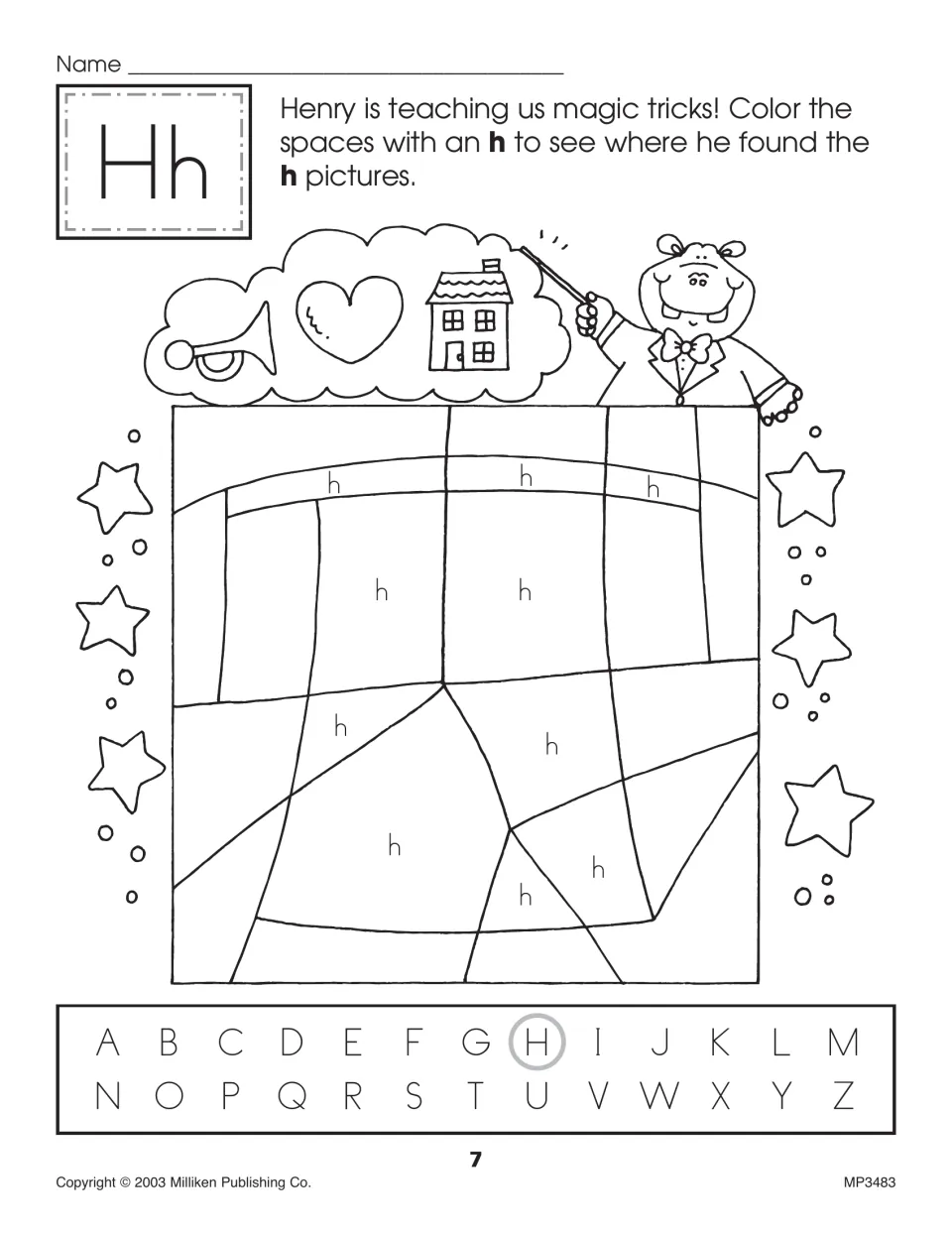 Letter Hh hidden picture: students color the spaces marked h; Henry the hippo points to a horn, heart and house