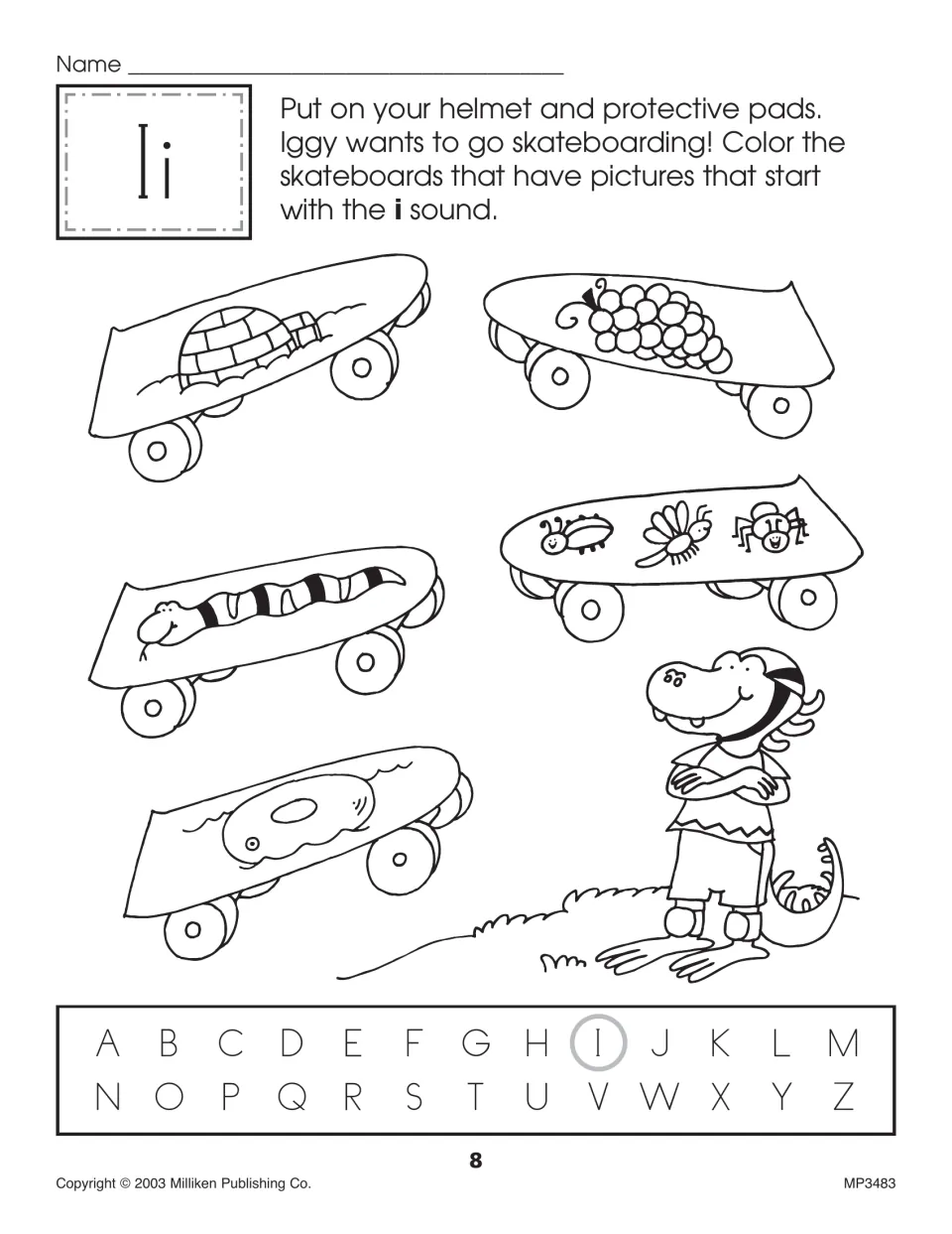 Letter Ii: students color the skateboards showing pictures that start with i, such as the igloo and the insects
