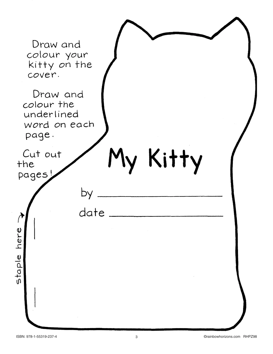 My Kitty cat-shaped book cover: students draw their kitty, add name and date, colour underlined words and cut out the pages