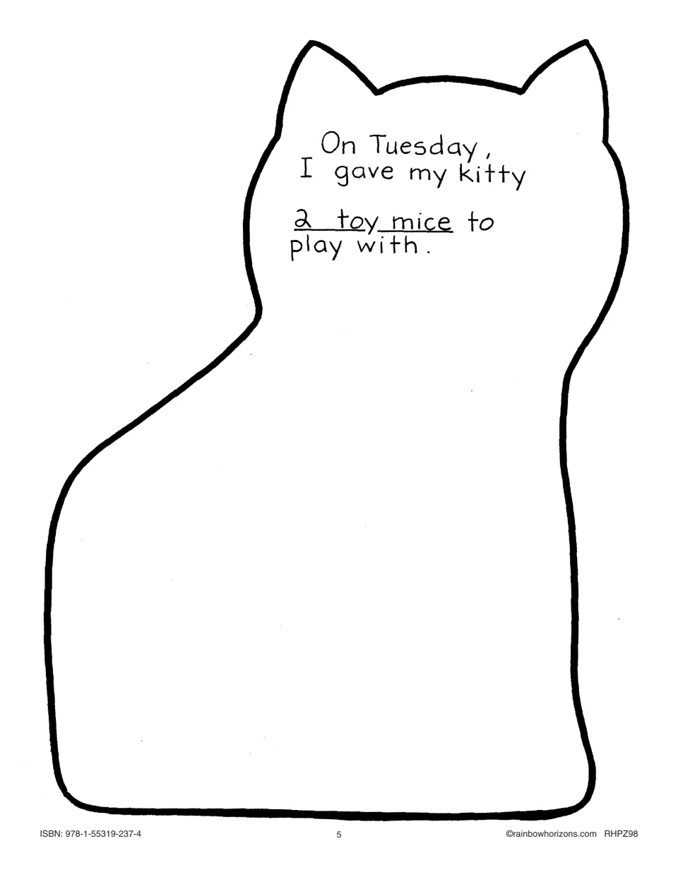 Cat-shaped page for Tuesday: I gave my kitty 2 toy mice to play with; students illustrate the two toy mice