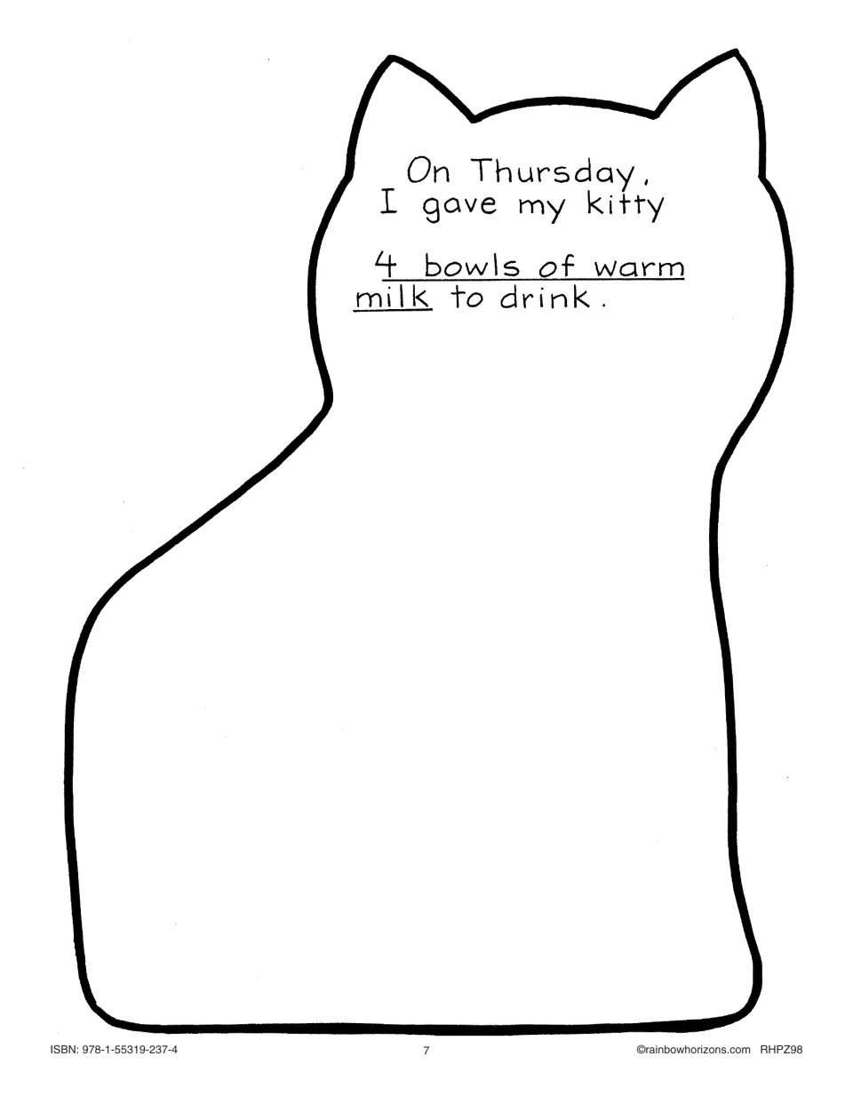 Thursday kitty page: I gave my kitty 4 bowls of warm milk to drink; students draw four bowls to match the text