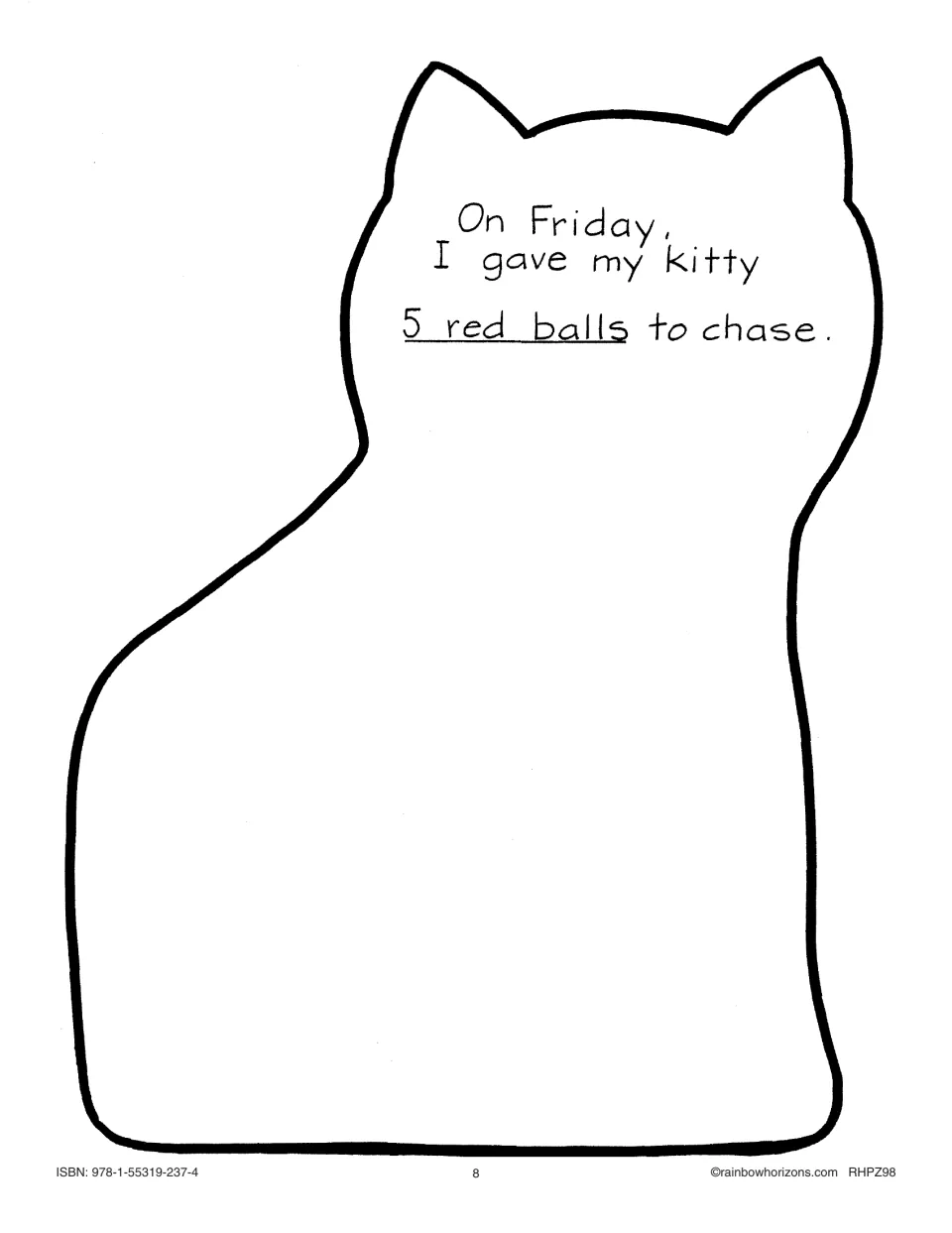 Friday kitty page: I gave my kitty 5 red balls to chase; students colour five red balls under the sentence