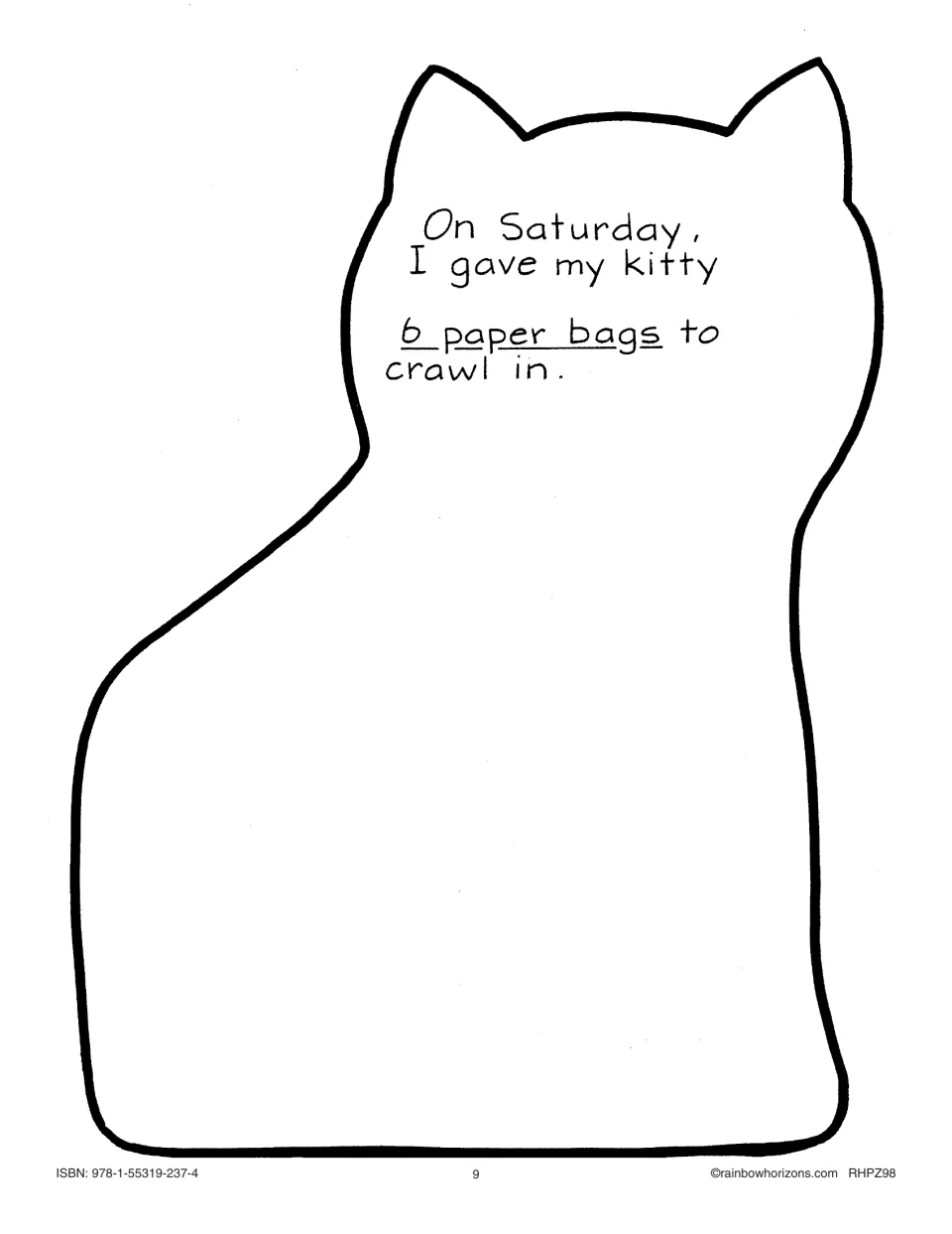 Saturday kitty page: I gave my kitty 6 paper bags to crawl in; students illustrate six bags in the cat outline