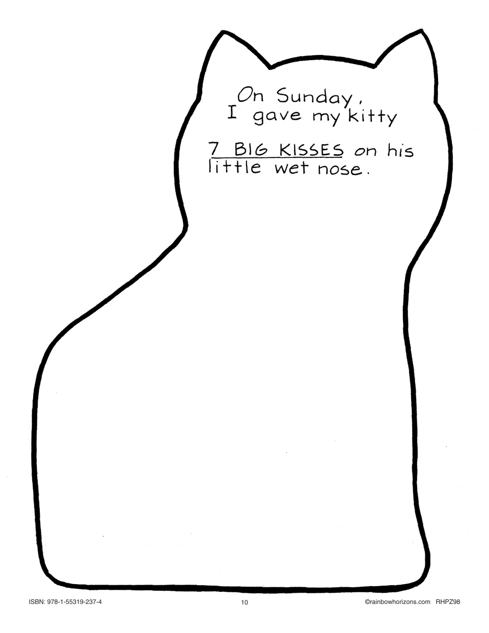 Sunday kitty page ending the story: I gave my kitty 7 big kisses on his little wet nose; students draw the scene