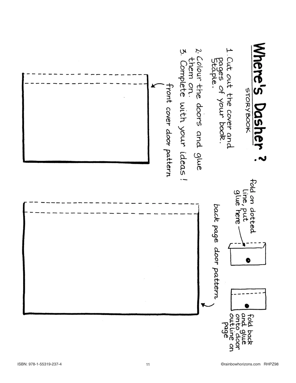 Where's Dasher? storybook: steps to cut out cover and pages, colour and glue on doors, plus front and back door patterns