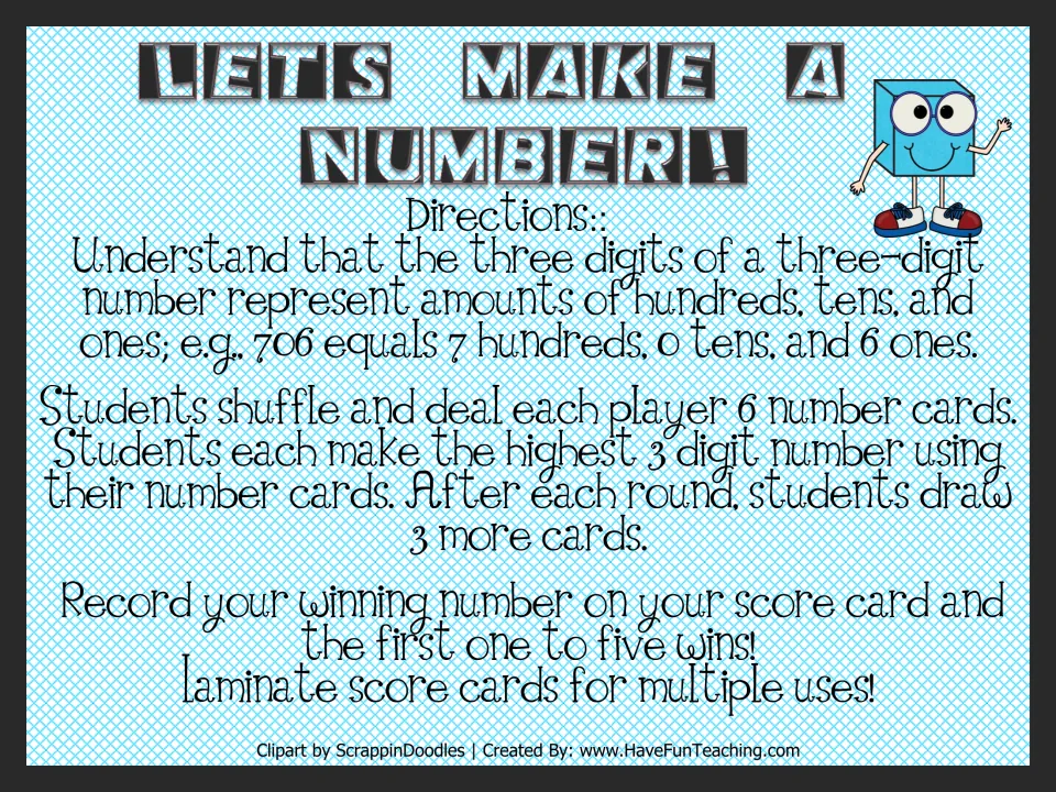 Place value game directions: deal six cards, make the highest three-digit number, and record five wins.