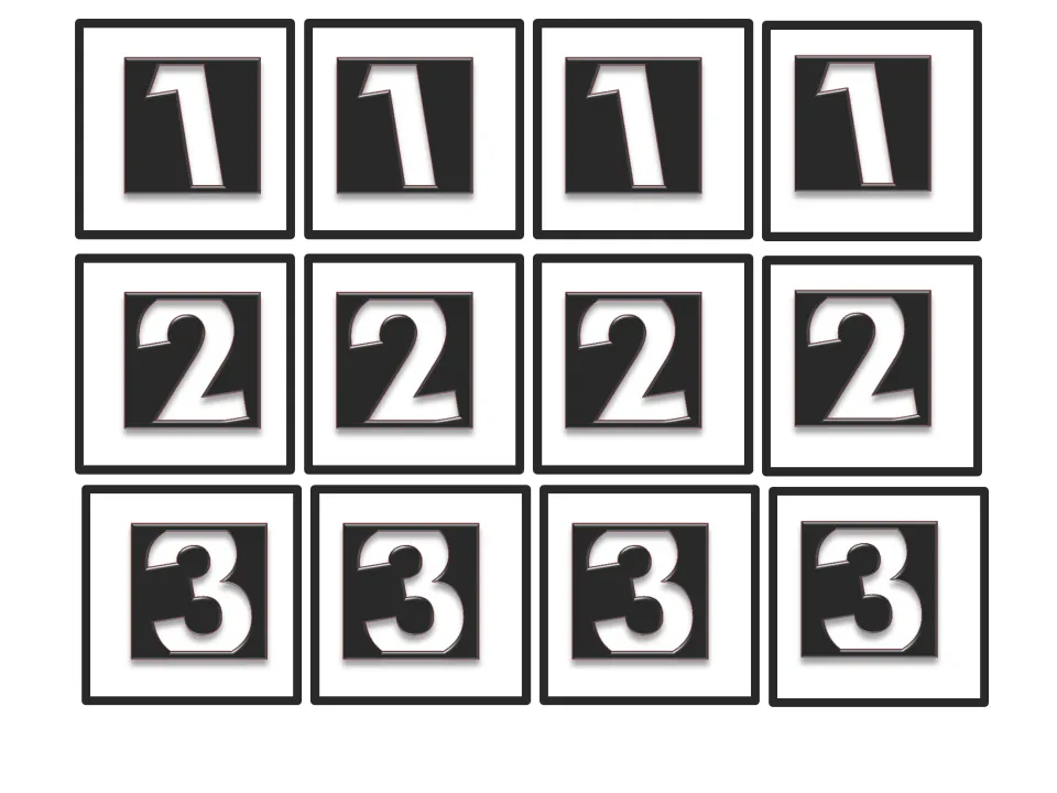 Place value game number cards 1–12 of 36: four copies each of digits 1, 2, and 3 for building numbers.