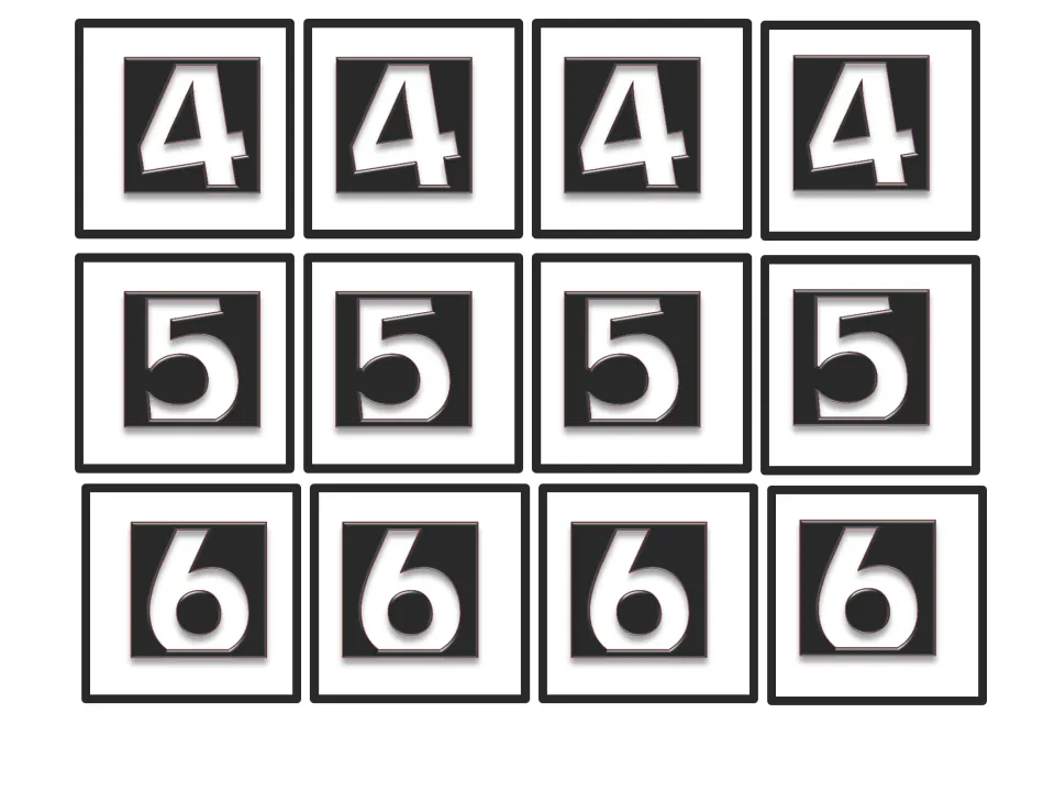 Place value game number cards 13–24 of 36: four copies each of digits 4, 5, and 6 for building numbers.