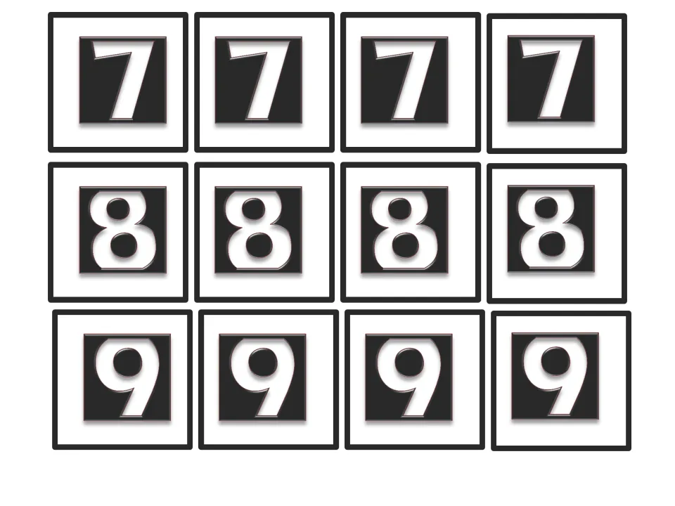 Place value game number cards 25–36 of 36: four copies each of digits 7, 8, and 9 for building numbers.