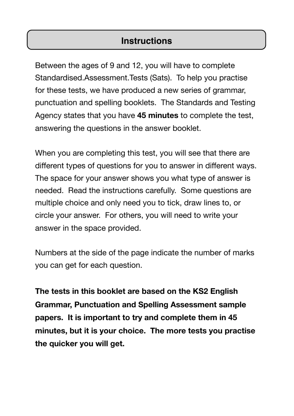 Test instructions: 45-minute time limit, tick, circle or write-in question types, and marks shown at the side of each page