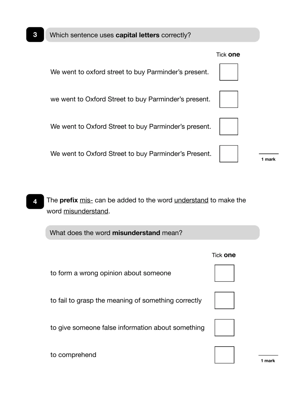 Questions 3-4: students tick the correctly capitalised sentence, then pick what misunderstand means from the prefix mis-