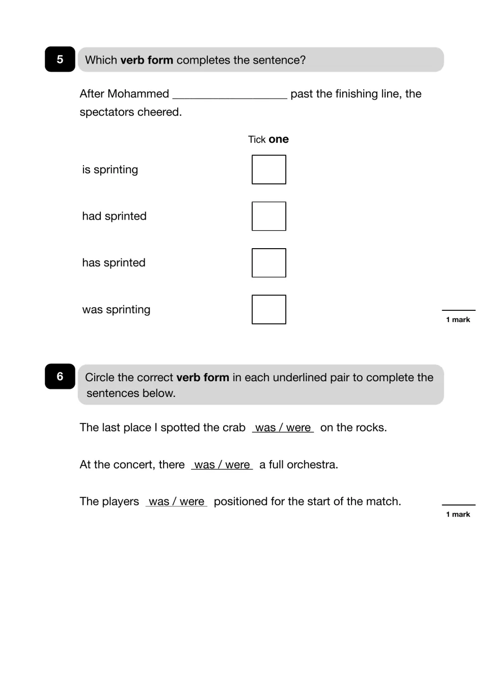 Questions 5-6 on verb forms: students tick the form that fills a gap, then circle was or were in three sentences