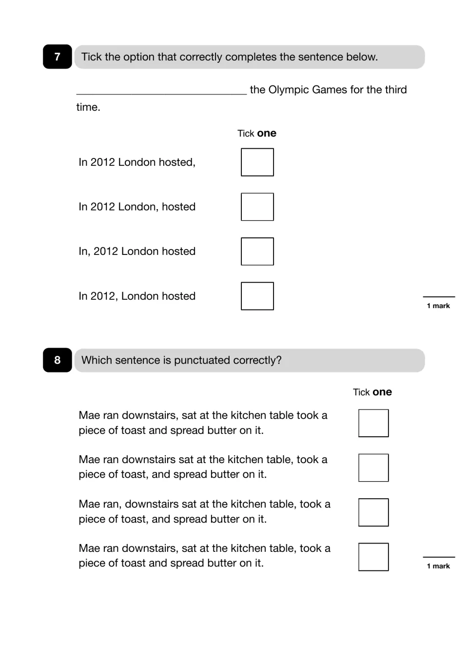 Questions 7-8 on commas: students tick the correct 2012 Olympics opener, then the correct list sentence about Mae