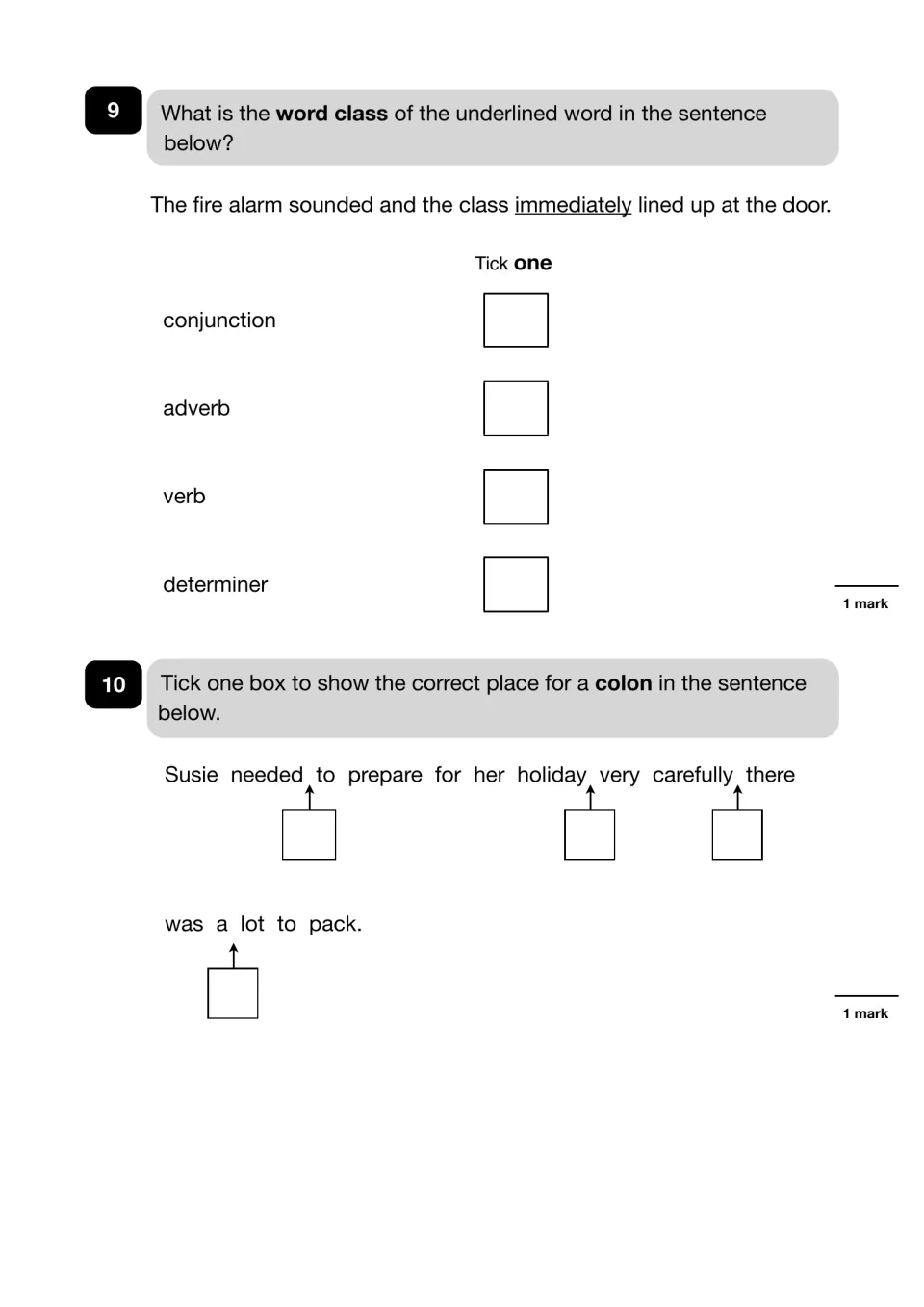 Questions 9-10: students name the word class of immediately, then tick where a colon belongs in a sentence about Susie