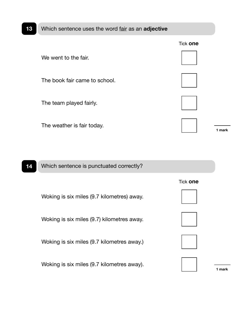 Questions 13-14: students tick the sentence using fair as an adjective, then the sentence with brackets placed correctly