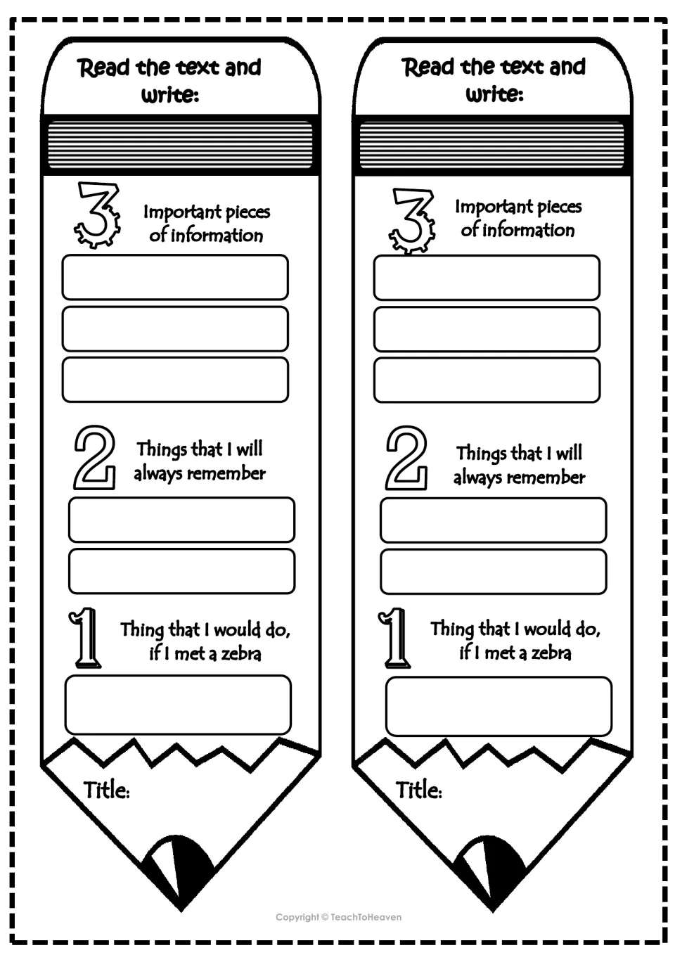 3-2-1 pencil organizer: students note 3 key facts, 2 things to remember and 1 thing to do if they met a zebra