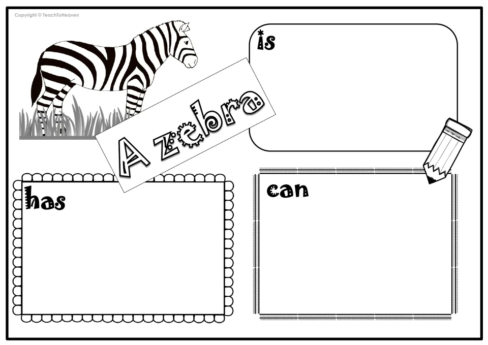 A zebra is, has, can organizer: students describe what a zebra is, what it has and what it can do
