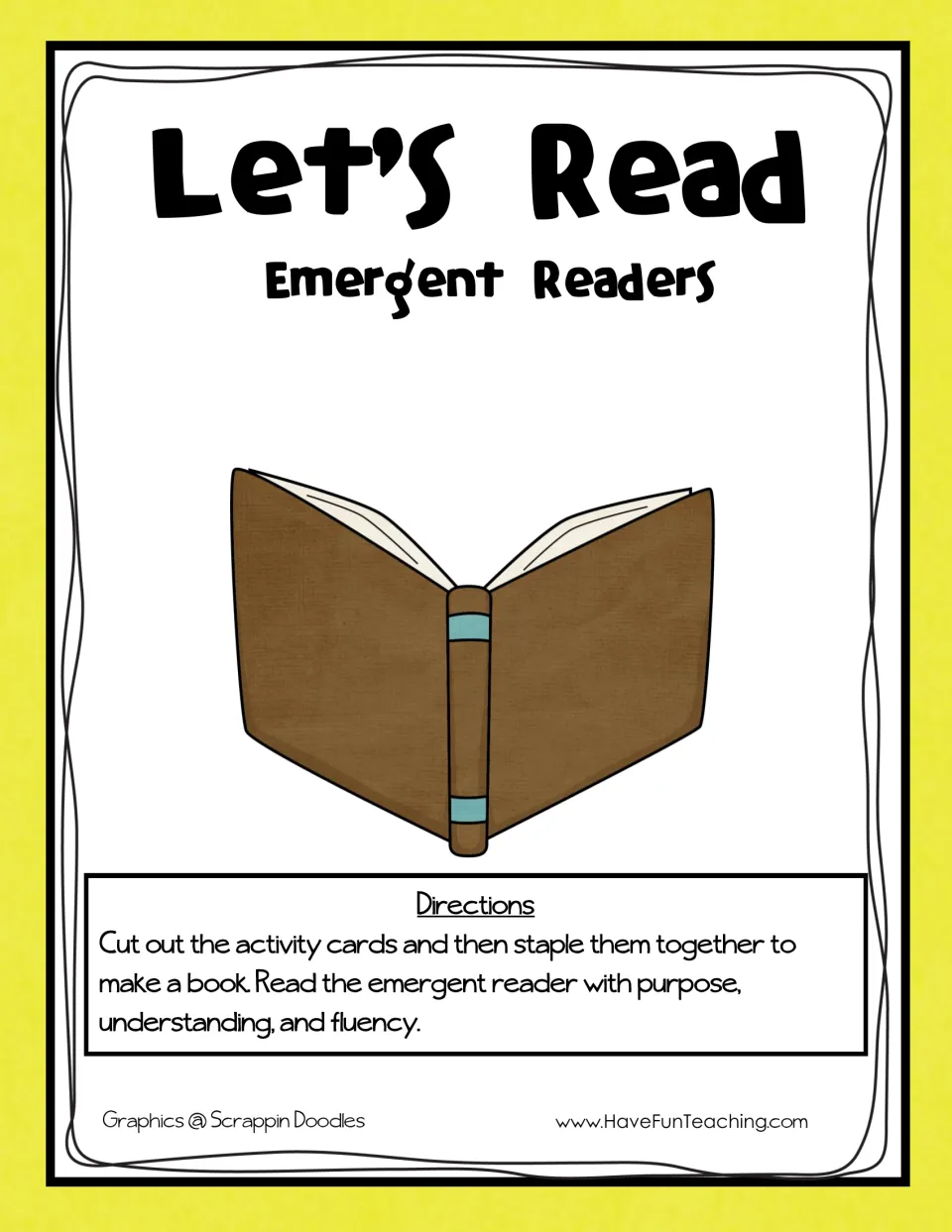 Let's Read Emergent Readers cover: directions say to cut out the cards, staple them into a book and read with fluency