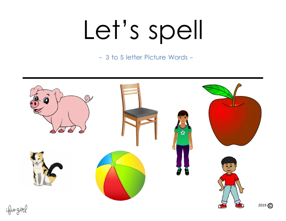 Cover of Let's Spell, a three- to five-letter picture-word activity, showing pig, chair, apple and more