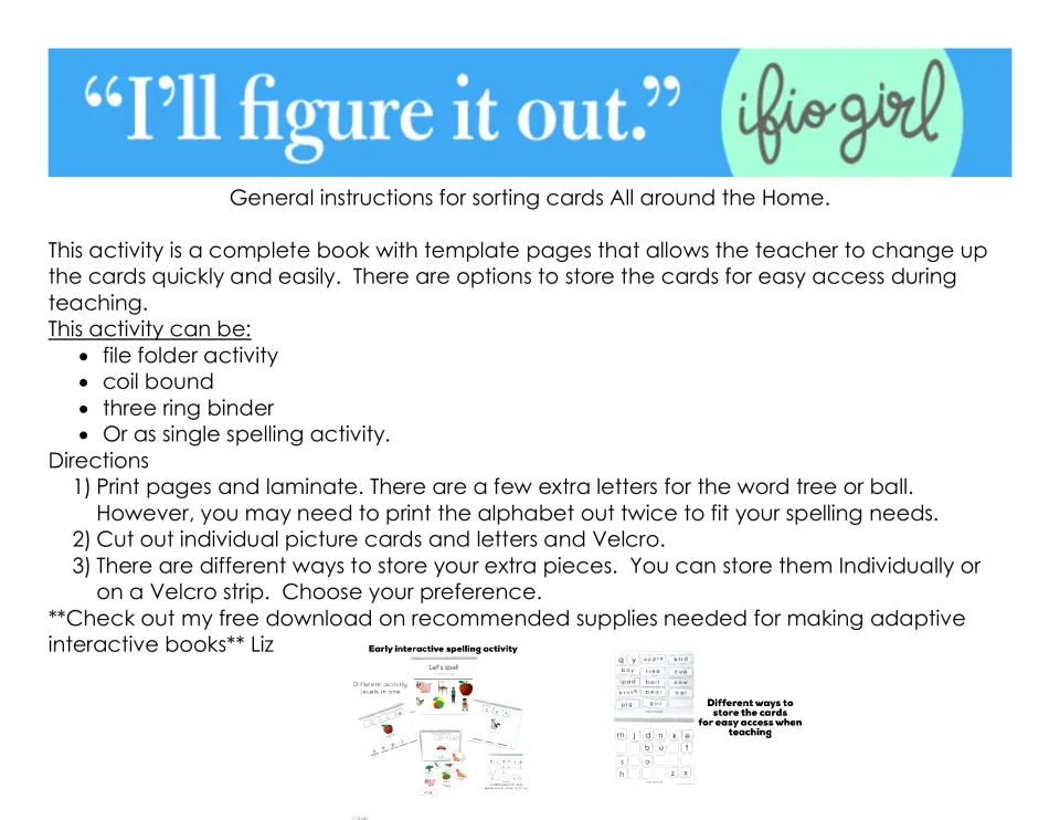 Spelling book assembly directions: print, laminate, cut out picture cards and letters, and apply Velcro